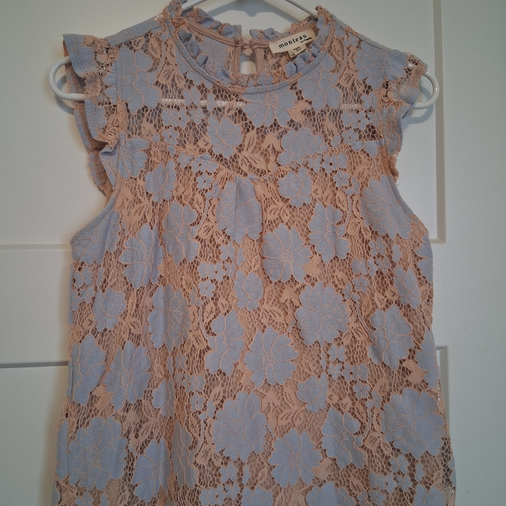 Monteau Lace Floral Top - Blue and Tan